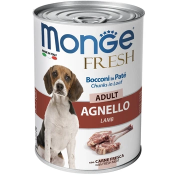 Консервированный корм Monge Fresh Dog Adult Lamb – консервированный корм с ягненком для взрослых собак всех пород (кусочки в паштете) 400 г (70014571)