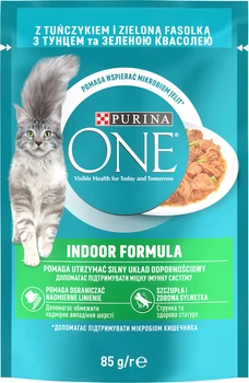 Консервированный корм Purina One Indoor Влажный корм для взрослых кошек, постоянно находящихся в помещении кусочки в соусе с тунцем и зеленой фасолью 85 г (7613038255903)