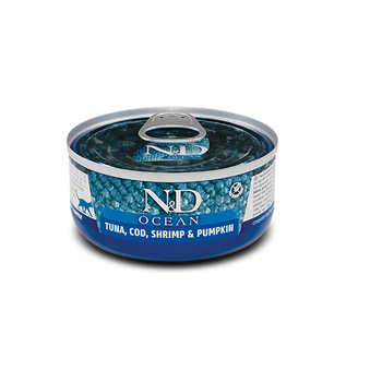 Консервований корм Farmina N&D Grain Free Ocean Cat Tuna, Cod, Tuna, Shrimp & Pumpkin Беззерновий вологий корм з тунцем, тріскою, креветкою та гарбузом для дорослих котів 70 г (179461)
