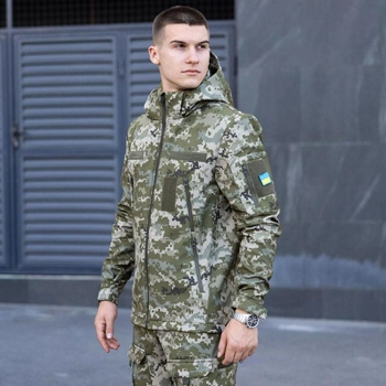 Чоловіча Куртка Soft Shell зі знімним капюшоном + Подарунок Шеврон "Прапор України" піксель розмір S