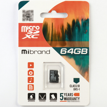Карта памяти Mibrand microSDHC 64GB Class 10 (MICDXU1/64GB) без адаптера
