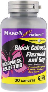 Поддержка при менопаузе, клопогон, льняное семя и соя Mason Natural Menopause Relief Trio, Black Cohosh, Flaxseed and Soy 30 каплет (311845142887)