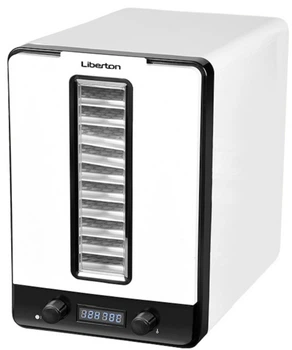 Сушарка овочів та фруктів Liberton LFD-5527P, White, 520W, механічне керування з цифровим дисплеєм, об'єм 23л, 10 ярусів, регулювання висоти, діапазон температури 35-70C, 2*піддон для пастили, решітка для ковбасок
