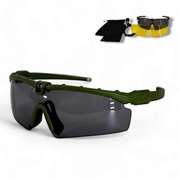 Очки солнцезащитные набор спортивные тактические с тремя сменными линзами 6030_Green