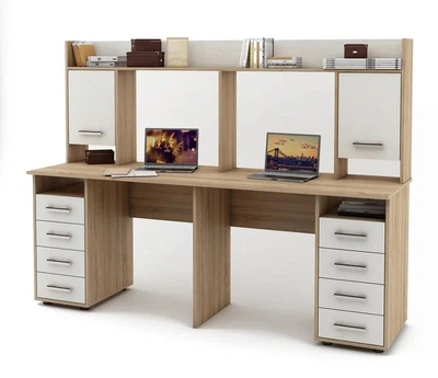 Компьютерный стол для 2 детей с с надстройкой Kidsbunkbed 197 х 60 х 145 см белый дуб сонома