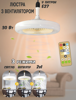 Люстра светодиодная с вентилятором в патрон E27 Biom 006-2835 30W 3 режима роботы, таймер + пульт ДУ
