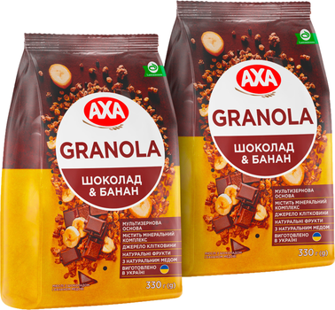 Упаковка мюслей АХА с шоколадом и бананом медовые 330 г х 2 шт (4820237692856)