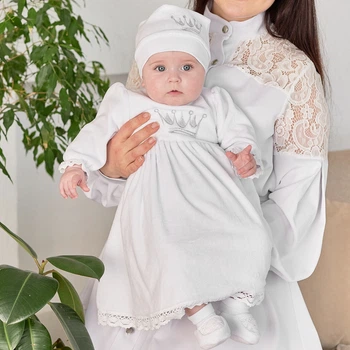 Костюм для крещения девочки Мамине Сонечко Корона маленькая серебренная вышивка 56 белый велюр (11235)
