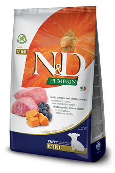 Беззерновой сухой корм для щенков N&D GRAIN FREE PUMPKIN DOG LAMB & BLUEBERRY PUPPY MINI мелких пород (тыква/ягненок/черника), 800 г