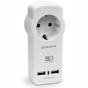 Сетевое зарядное устройство с розеткой REAL-EL 2USB 3.1A 15W (CS-30) White