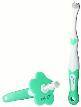Zestaw dla niemowląt Brush-Baby First Brush and Teether Set Gryzak + Szczotka do zębów 0-18 miesięcy Zielony (5060178100709)