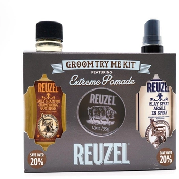 Podróżny zestaw do pielęgnacji włosów Reuzel Extreme Hold Try Me Kit Pomada ekstremalnie utrwalająca 35 g + Glinka-spray 100 ml + Szampon 100 ml (0850020289066)