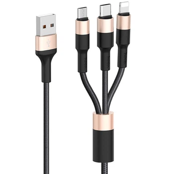 Дата кабель Hoco X26 Xpress 3in1 Lightning -MicroUSB-Type-C (1m) Черный / Золотой