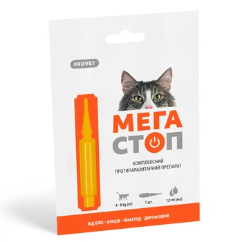 Капли на холку для кошек ProVET «Мега Стоп» от 4 до 8 кг, 1 пипетка (от внешних и внутренних паразитов)