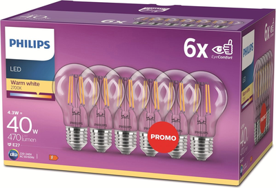 Zestaw żarówek LED Philips Classic A60 E27 4.3W 6 szt Warm White (8718696774977)