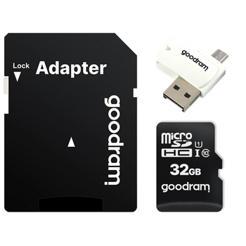 Карта памяти Goodram microSDHC 32GB (UHS-I U1) W-10 MB/s, R-100 MB/s Class 10 (M1A4-0320R12) + SD Adapter + OTG Card reader