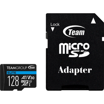 Карта памяти Team Elite microSDXC 128GB (UHS-I U3) W-45 MB/s, R-90 MB/s Class 10 A1 V30 (TEAUSDX128GIV30A103) + SD Adapter