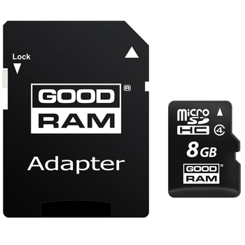 Карта памяти Goodram microSDHC 8GB W-4 MB/s, R-15 MB/s Class 4 (M40A-0080R11) + SD Adapter