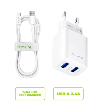 Сетевое зарядное устройство BAVIN PC910Y 2xUSB-A 2.4A + кабель USB-C White