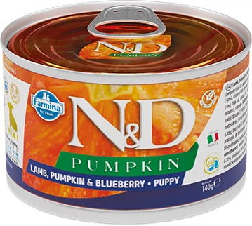 Консервований корм Farmina N&D Pumpkin GF Puppy Mini Lamb, Pumpkin & Blueberry Беззерновий консервований корм з ягням, гарбузом та чорницею для цуценят дрібних порід 140 г (160584)