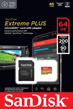 Карта пам'яті SanDisk Extreme PLUS microSDXC 64GB Class 10 V30 + SD-адаптер (SDSQXBU-064G-GN6MA)