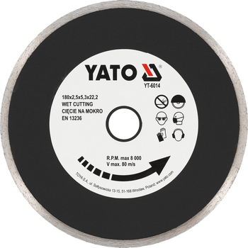 Диск алмазный сплошной YATO Ø 180x5.3x22.2 мм 2.5 мм мокрая резка (YT-6014)