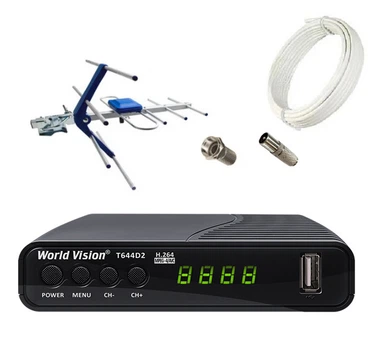 Комплект Т2 Тюнер World Vision T644D2 + антенна наружная ES-003 син. + кабель + разъёмы для подключения