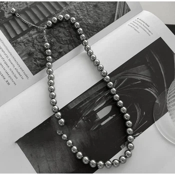 Ланцюжок на шию "Grey Pearls", із сірими перлинами, 8 мм