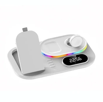 Беспроводная зарядная док-станция VIKEFON 4 в 1 для смартфонов / наушников / Apple Watch, с подсветкой и часами, белая (74048919)