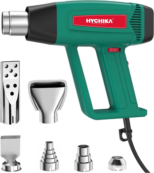 Профессиональный строительный фен HYCHIKA, 60℃-600℃ непрерывно переменная температура, 1800 Вт двигатель из чистой меди, защита от перегрузки, 6 насадок для снятия краски, термоусадка. Зеленый