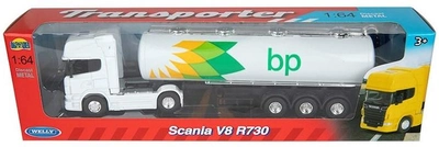 Metalowy model ciężarówki Welly Scania V8 R730 BP Oil Tanker z cysterną 1:64 (4891761580162)