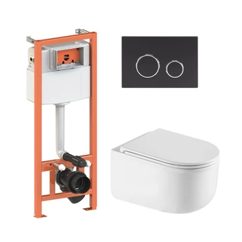 Готовое решение Qtap для ванной комнаты: подвесной унитаз Taurus Ultra Quiet 485×360×350 + комплект инсталляции Nest 4 в 1 (круглая клавиша Matt Black)
