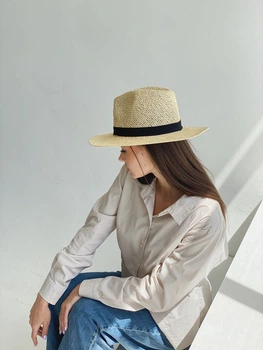 Шляпа из рафия женская федора с чёрной лентой D.Hats светло бежевая