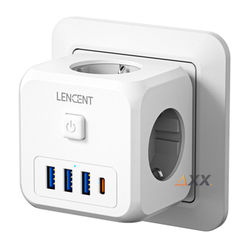 Сетевой фильтр разветвитель тройник 3EU розетки с выключателем + USB-C + 3USB-A Lencent PowerCube 4000W/16A Белый