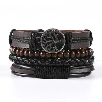Браслет шкіряний Дерево Життя багатошаровий Black-Brown