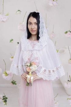 Накидка палантин для храма Family Tradition шифон с кружевом 70 см белый Белая лилия