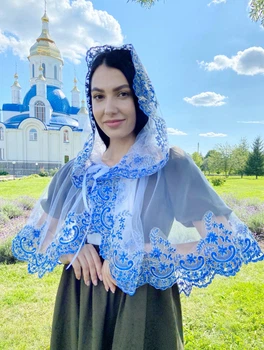 Накидка палантин для храму Family Tradition фатин з мереживом 50 см білий Синь