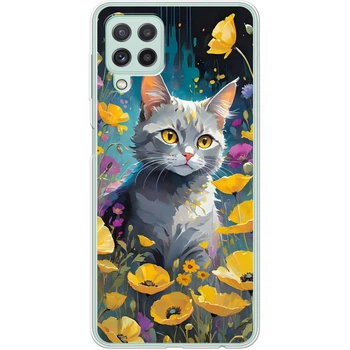 Силиконовый Чехол с Картинкой для Samsung Galaxy A22 4G (A225) Принт (Иллюстрация Кот с Цветами) (42748-ysm006)
