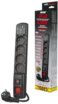Мережевий фільтр Acar 4 розетки USB Type-A + USB Type-C 5 м Black (5904743554903)