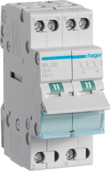 Перемикач Hager I-II з загальним виходом знизу 2-полюсний 32 А 230 В (B) (SFL232)