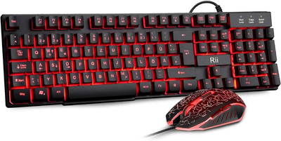Комплект Rii RK108 для игры: клавиатура и мышь с подсветкой LED с немецкой раскладкой Черный