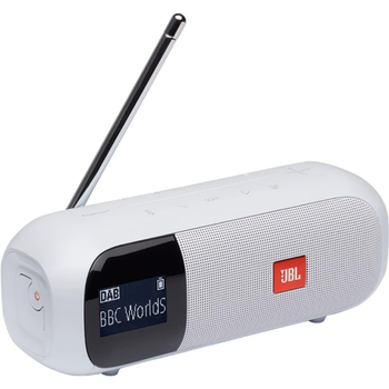 Акустическая система портативная JBL серии Tuner 2 FM White (JBLTUNER2WHT), однополосная, 5 Вт, 80 Гц-20 кГц, 1815 мАч, 12 часов автономн. работы, Bluetooth 4.2, FM тюнер, IPX7, USB Type C, белый