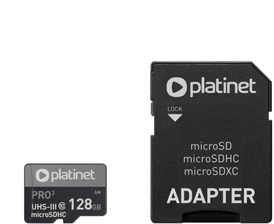 Карта пам'яті Platinet microSDXC 128 GB Class 10 UHS-I/U3 + SD Адаптер (PMMSDX128UIII)