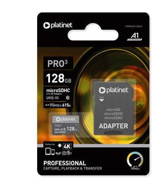 Карта памяти Platinet microSDXC 128 GB Class 10 UHS-I/U3 + SD Адаптер (PMMSDX128UIII)