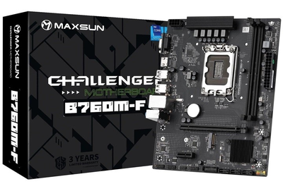 Материнська плата LGA1700, Maxsun Challenger B760M-F, B760, 2xDDR4, Int.Video(CPU), 3xSATA3, 1xPCI-E 16x 4.0, 1xPCI-E 1x, 1xM.2 4.0, GbE. / HDMI, MicroATX (MS-Challenger B760M-F)