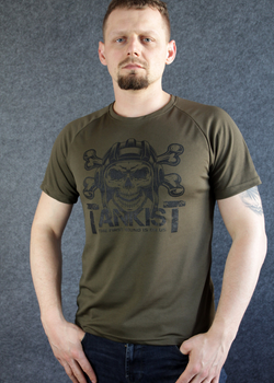 Футболка літня "Tankist" з коротким рукавом олива Coolpass (розмір S) з написом "Сталевий молот" і череп в шоломі