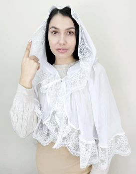 Накидка палантин для храма Family Tradition шифон с кружевом 70 см белый Благоговение