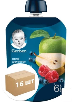 Пюре GERBER "Яблоко, груша, малина и черника", 90г уп 16 шт (90604)