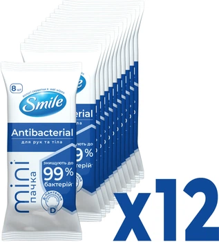 Упаковка вологих серветок Smile Mini Antibacterial з Д-пантенолом 12 пачок по 8 шт (4823071662405_1)