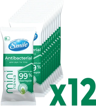 Упаковка вологих серветок Smile Mini Antibacterial з соком подорожника 12 пачок по 8 шт (4823071662405)